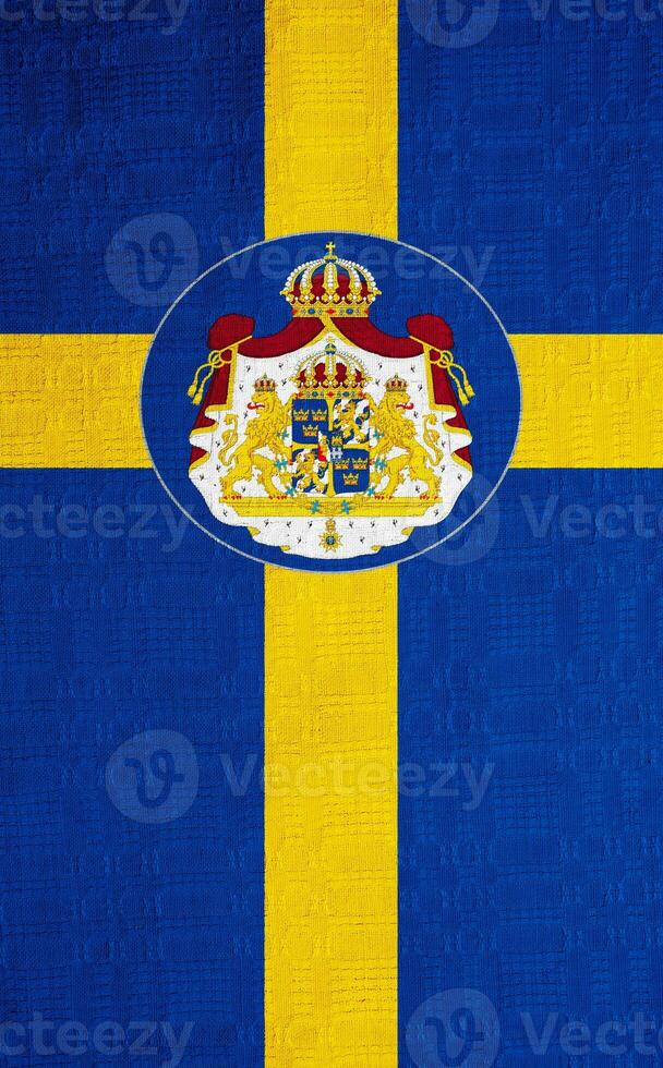 Flag and coat of arms of Kingdom of Sweden on a textured background. Concept collage. photo