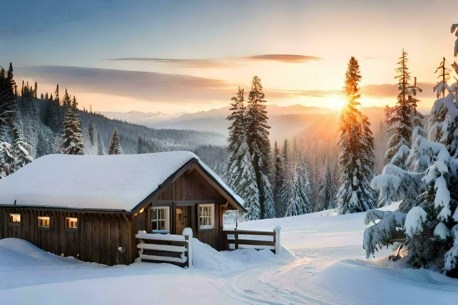 a cabin in the snow with trees and sun. AI-Generated photo