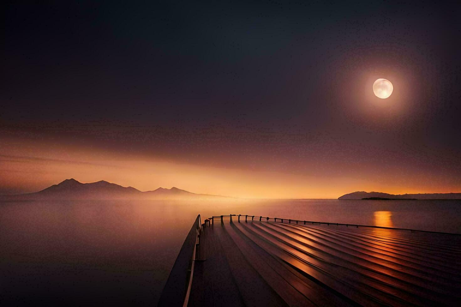 a dock with a full moon over the water. AI-Generated photo