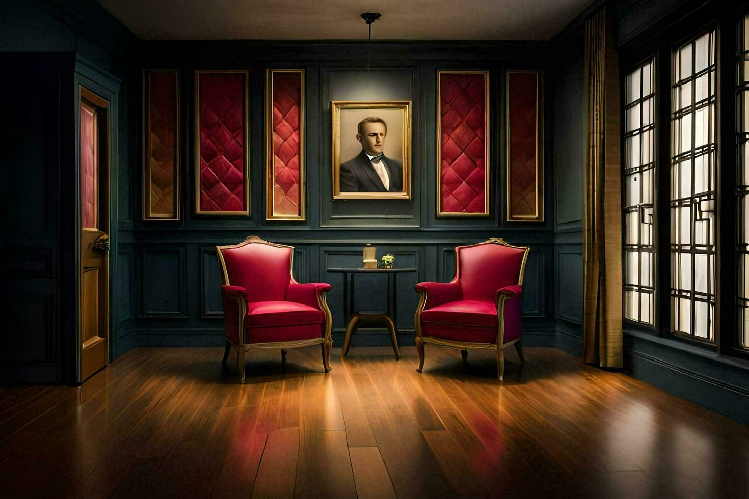 a room with two red chairs and a painting on the wall. AI-Generated photo