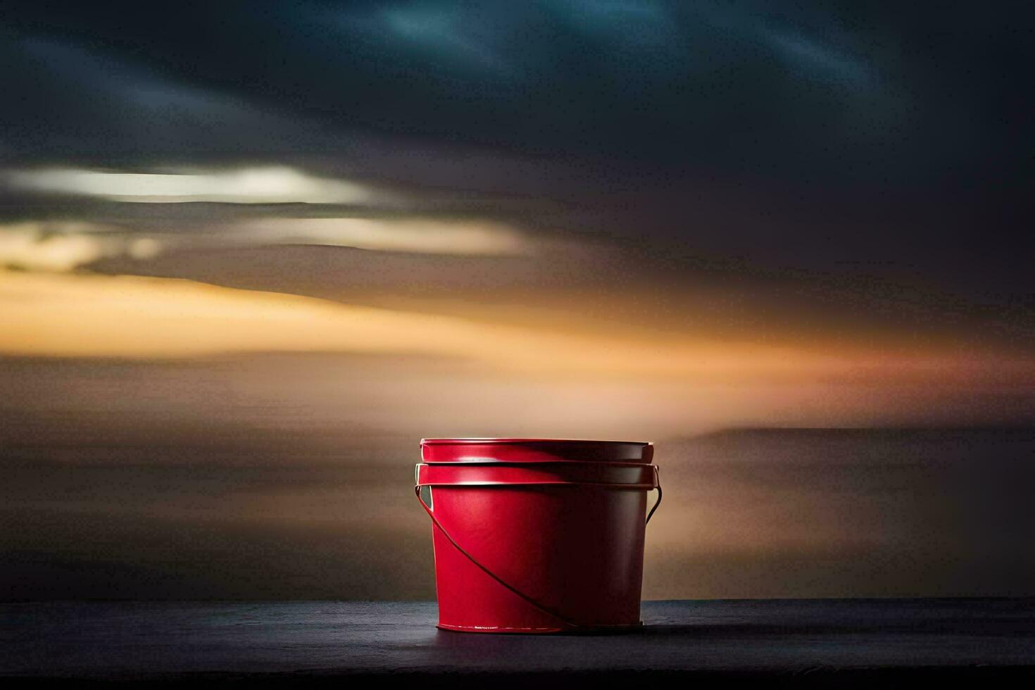 a red bucket sitting on a table in front of a sunset. AI-Generated photo