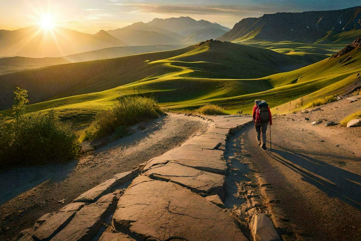 a person walks on a path in the mountains. AI-Generated photo