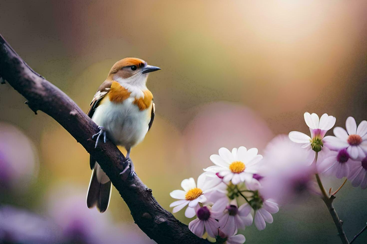 a bird sits on a branch with flowers in the background. AI-Generated photo