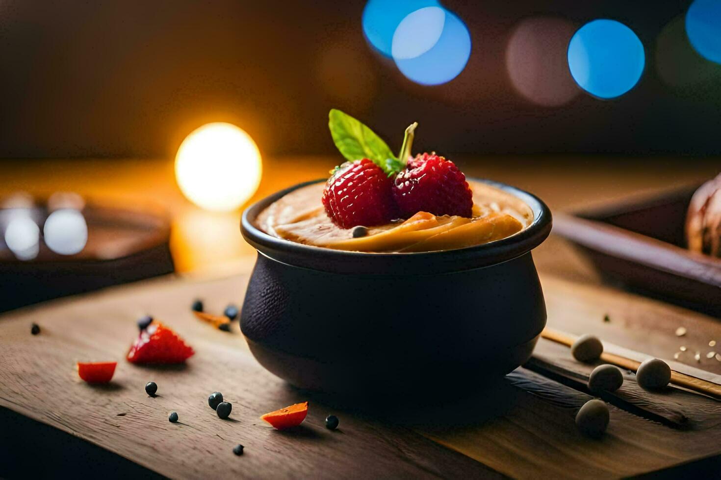 a dessert with strawberries and cinnamon on a wooden table. AI-Generated photo