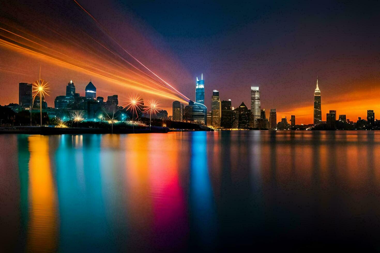 the chicago skyline at night with lights reflecting off the water. AI-Generated photo