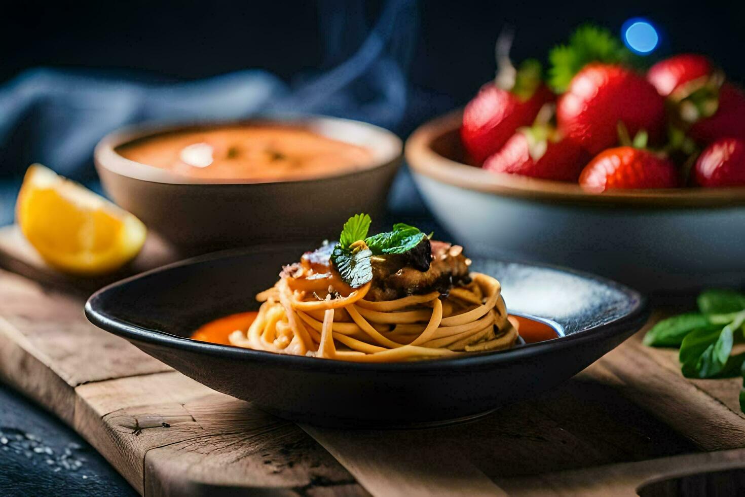 spaghetti with meatballs and tomato sauce on a wooden cutting board. AI-Generated photo