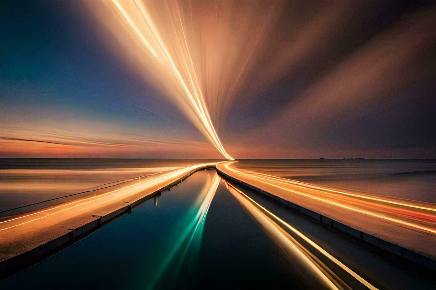 a long exposure photograph of a bridge over the ocean. AI-Generated photo