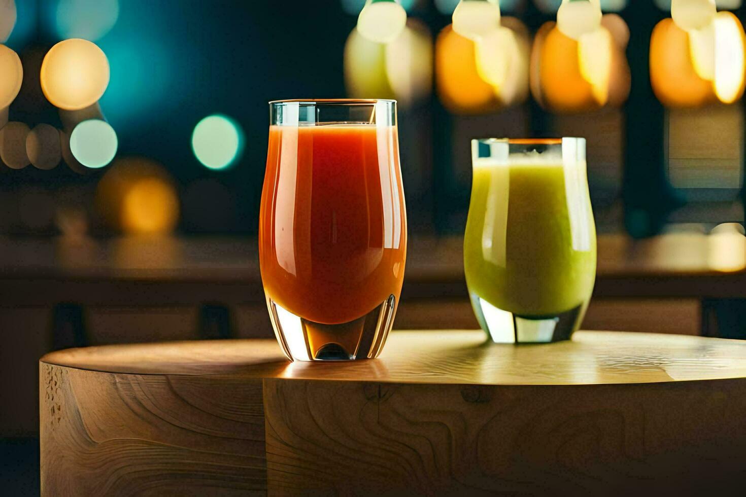 two glasses of juice on a table in front of a bar. AI-Generated photo