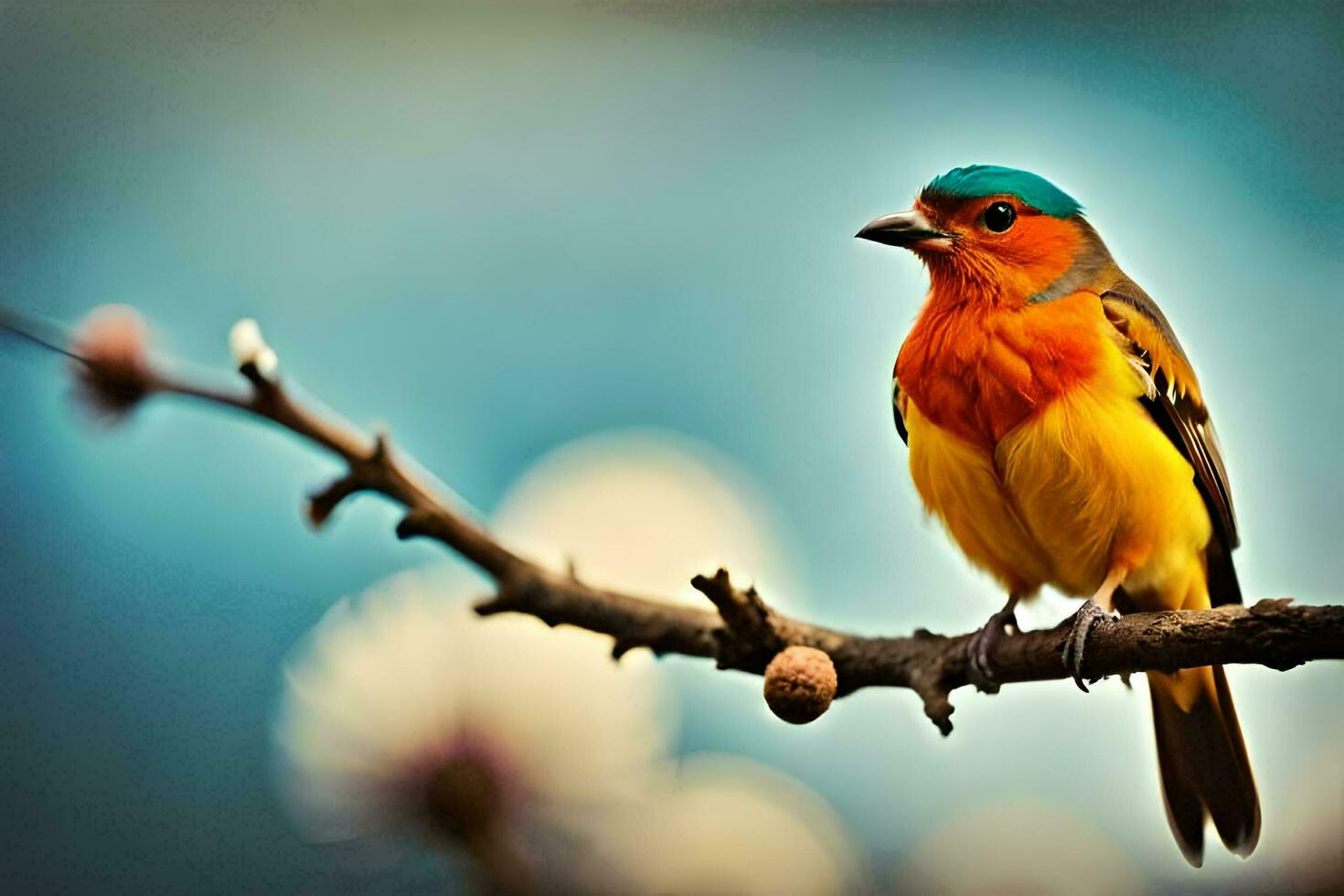 a colorful bird sits on a branch. AI-Generated photo