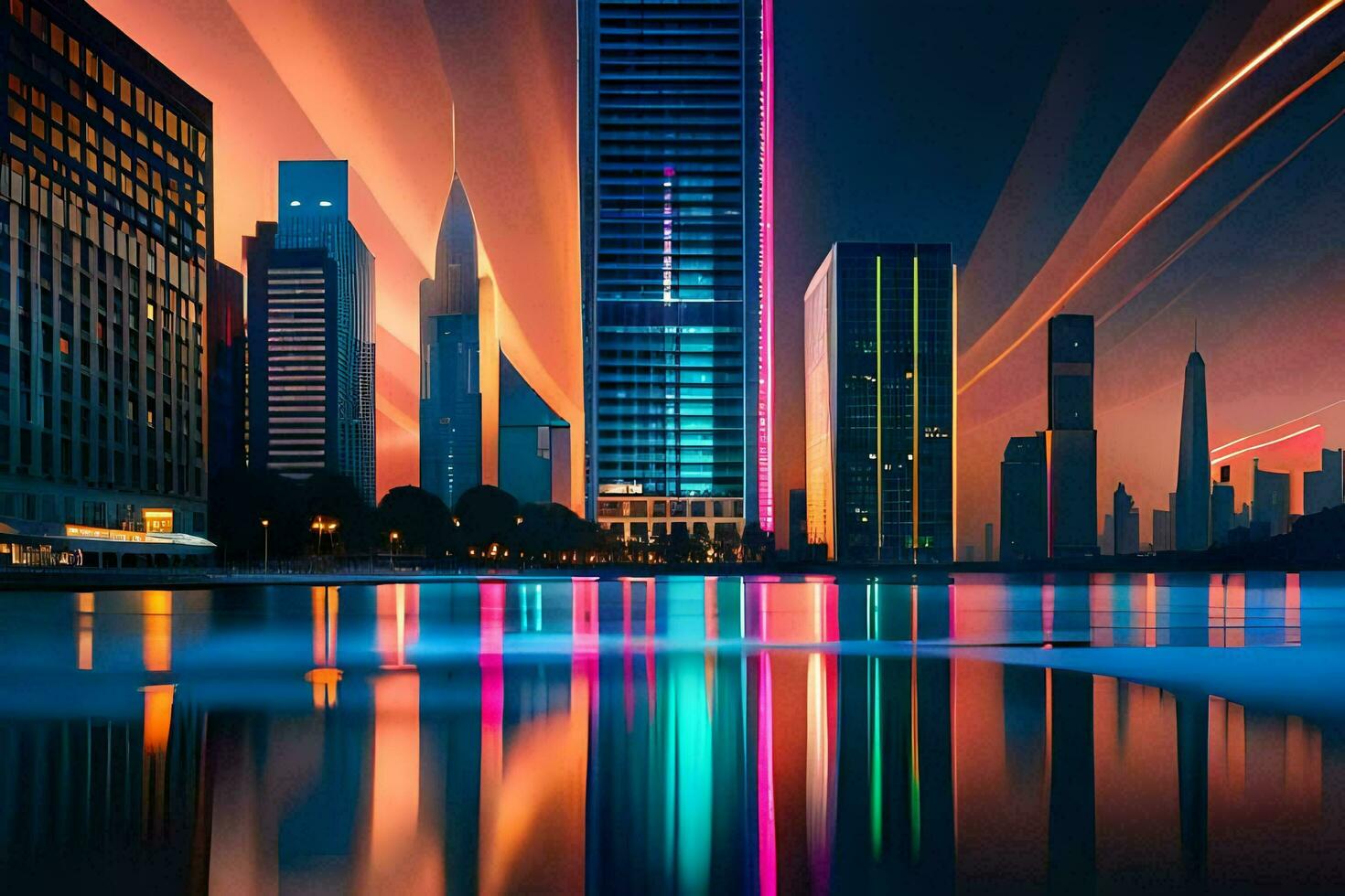 a city at night with colorful lights. AI-Generated photo