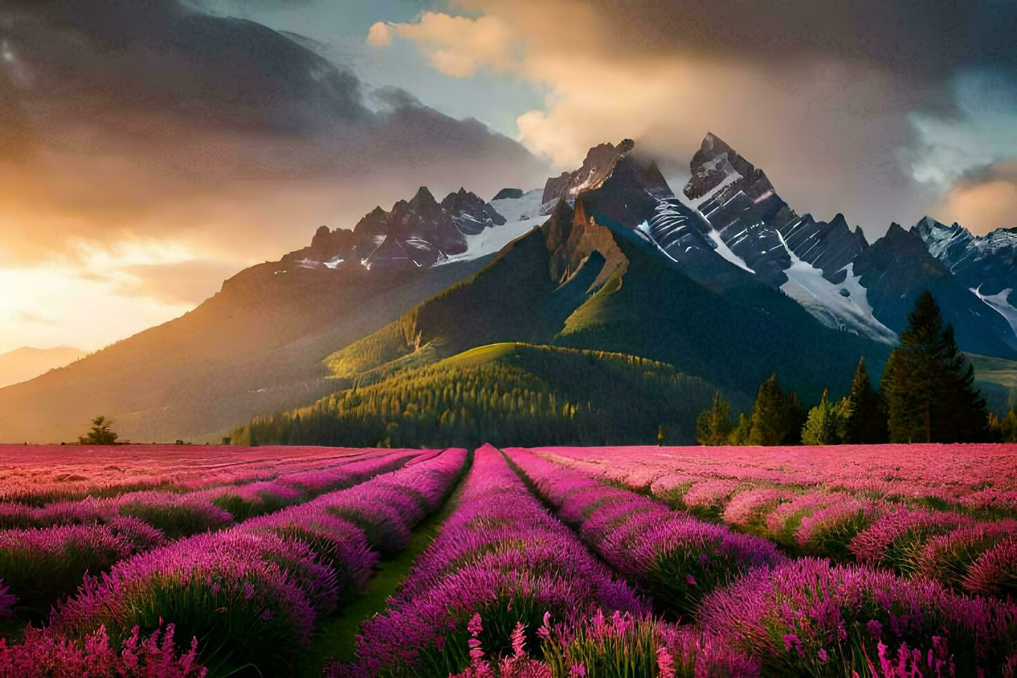 the lavender field in the mountains. AI-Generated photo