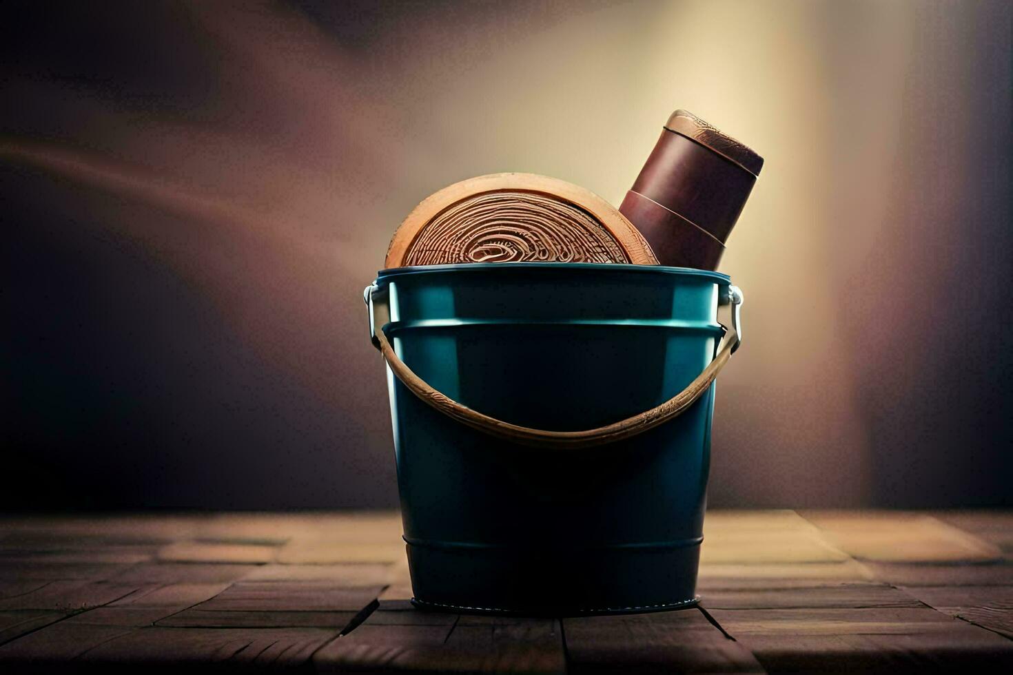 a bucket with chocolate and a wooden spoon. AI-Generated photo