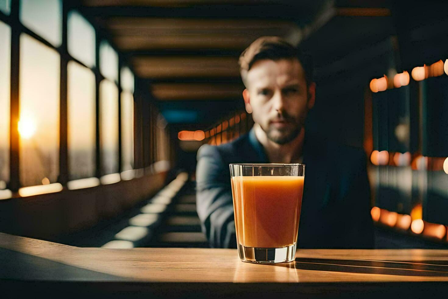 hombre sentado a un mesa con un vaso de naranja jugo. generado por ai foto