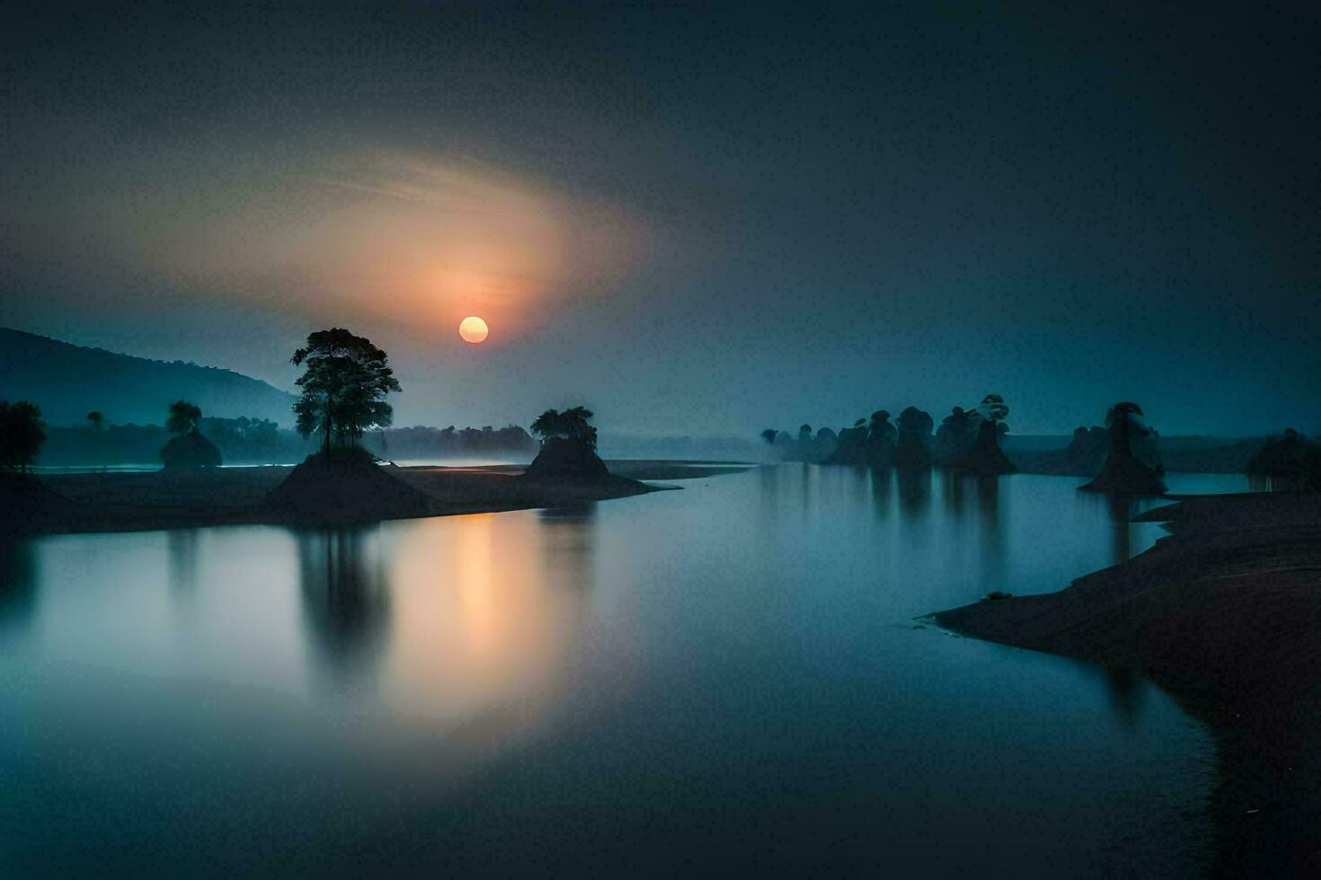the sun rises over a river in the morning. AI-Generated photo