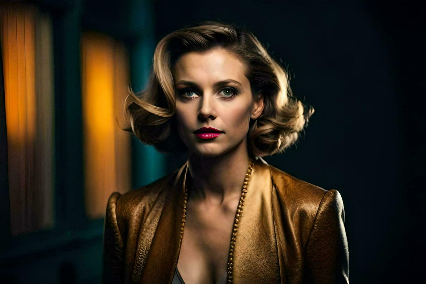 a woman in a gold jacket and pink lipstick. AI-Generated photo