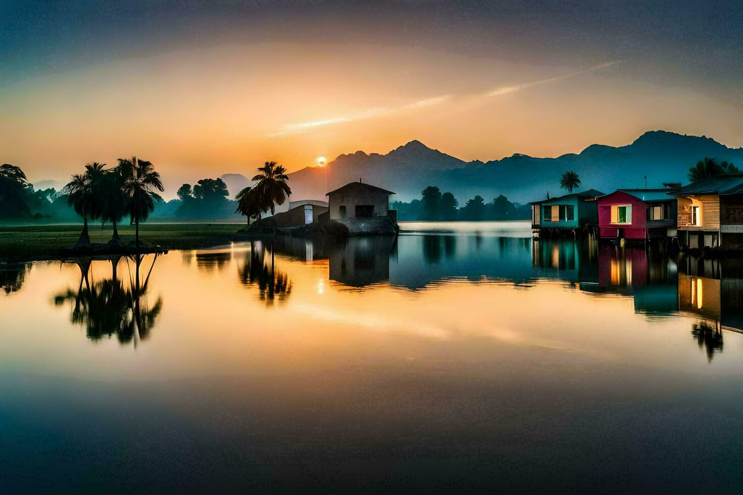 un hermosa puesta de sol terminado un lago con casas en el costa. generado por ai foto