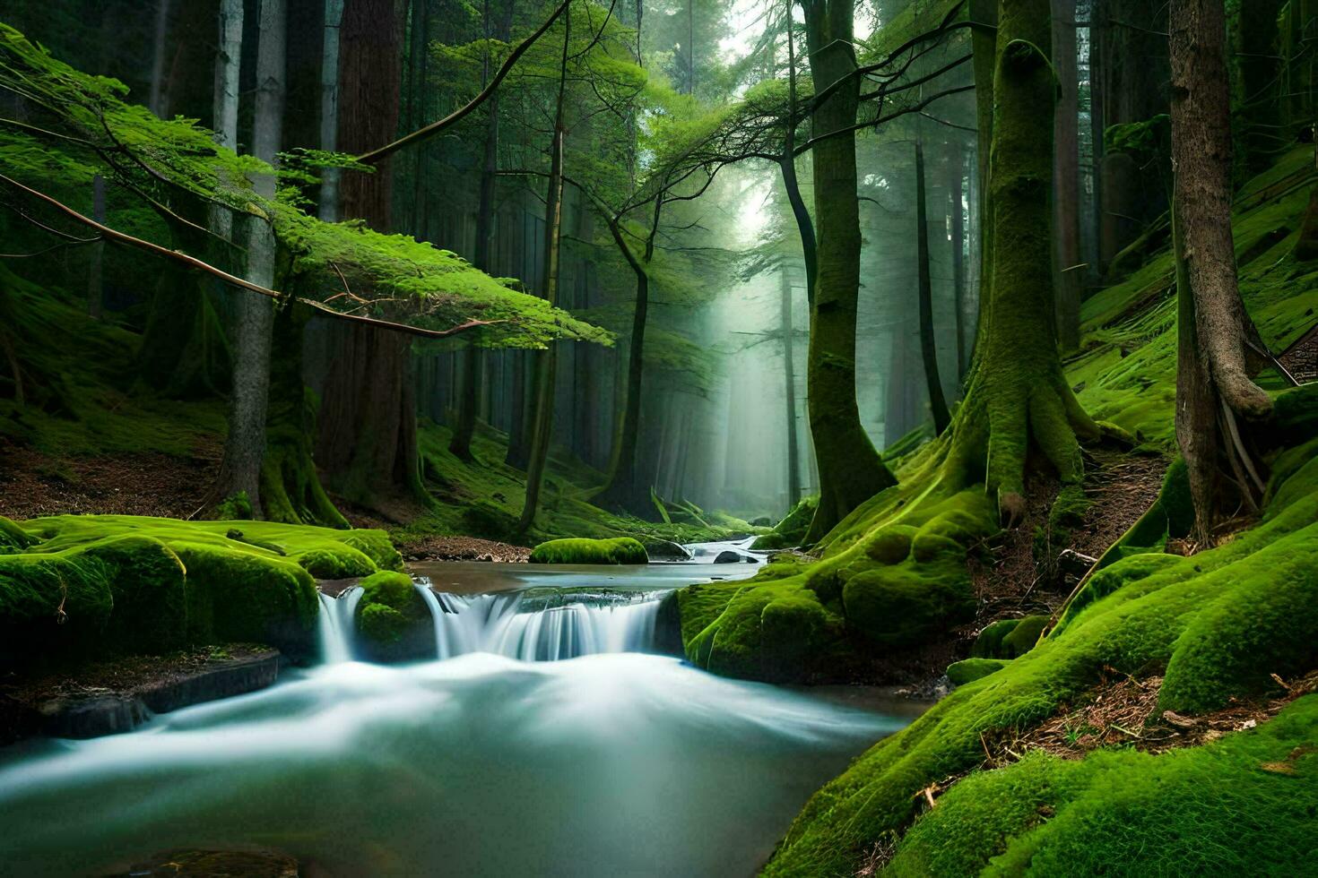 a stream runs through a green forest with mossy trees. AI-Generated photo