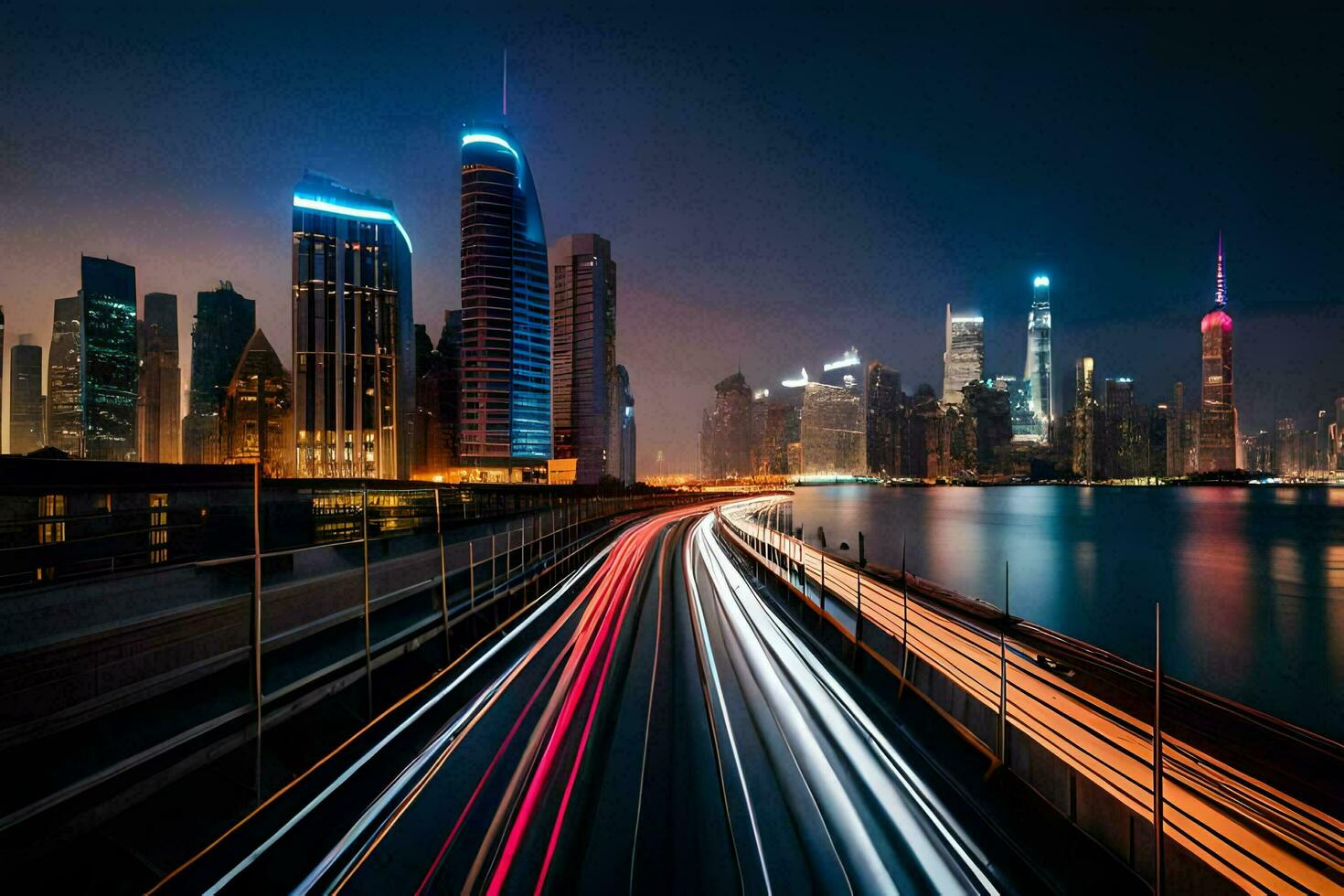 el ciudad horizonte a noche con ligero caminos. generado por ai foto