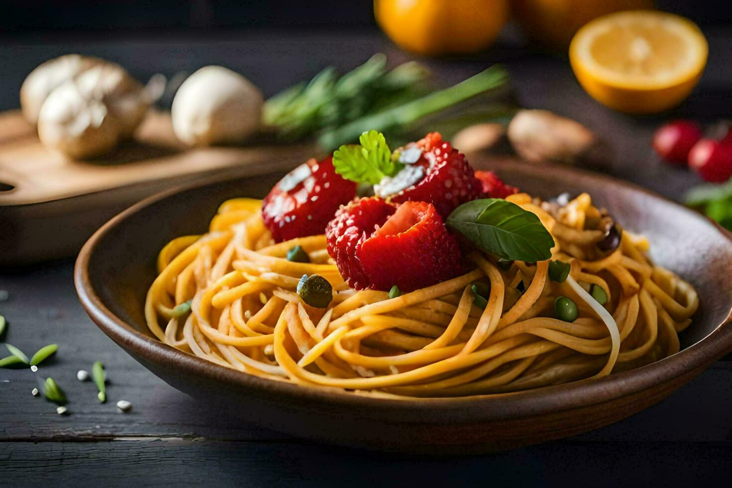 espaguetis con Tomates y albahaca en un de madera mesa. generado por ai foto