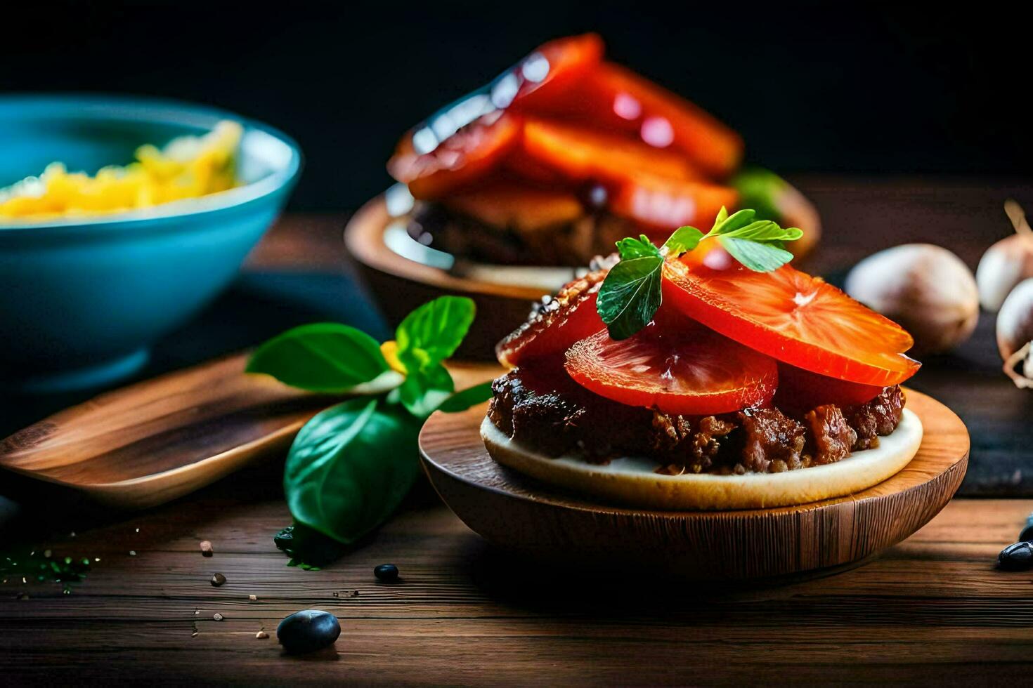 dos hamburguesas con Tomates y hierbas en un de madera tablero. generado por ai foto