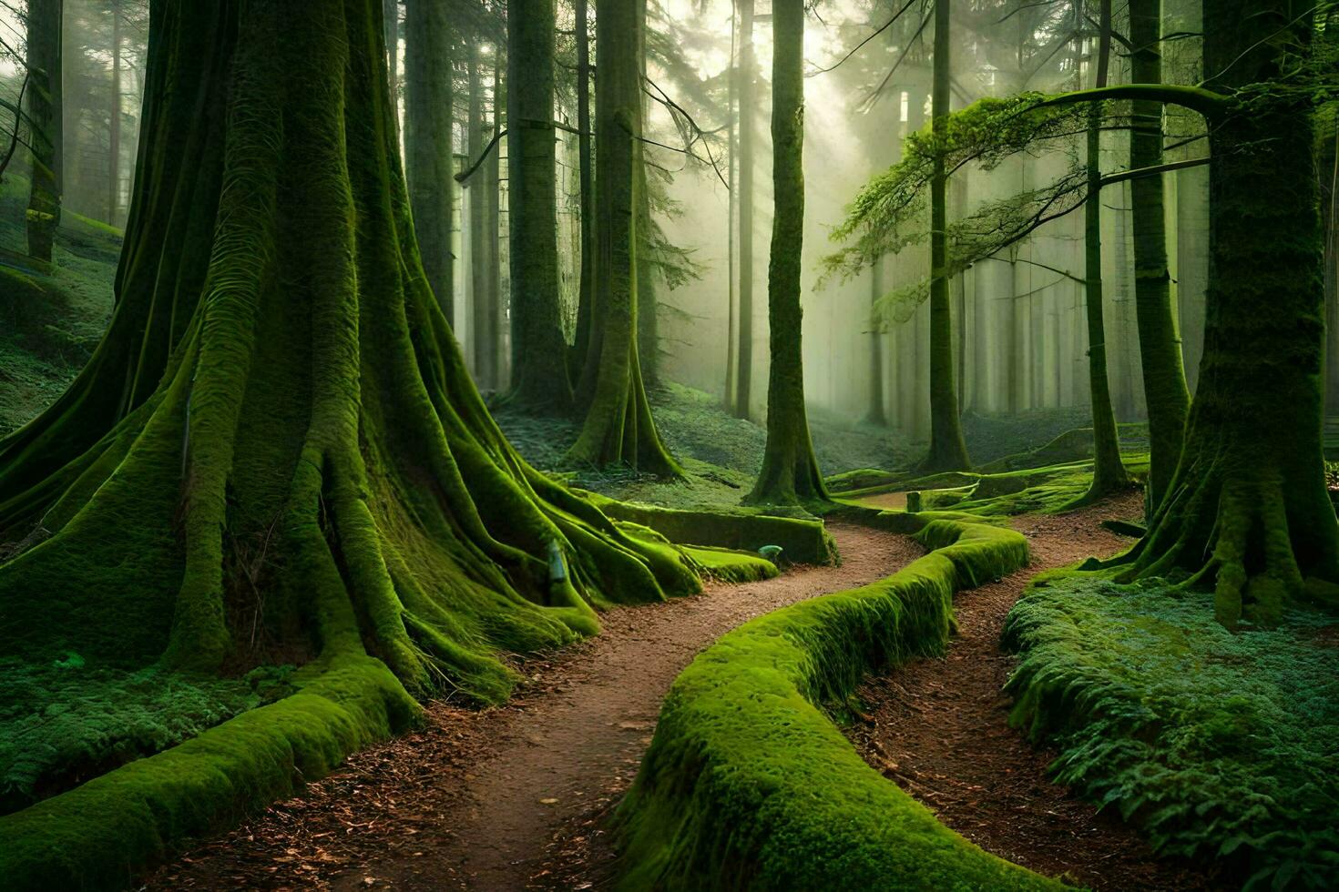a path through a forest with mossy trees. AI-Generated photo
