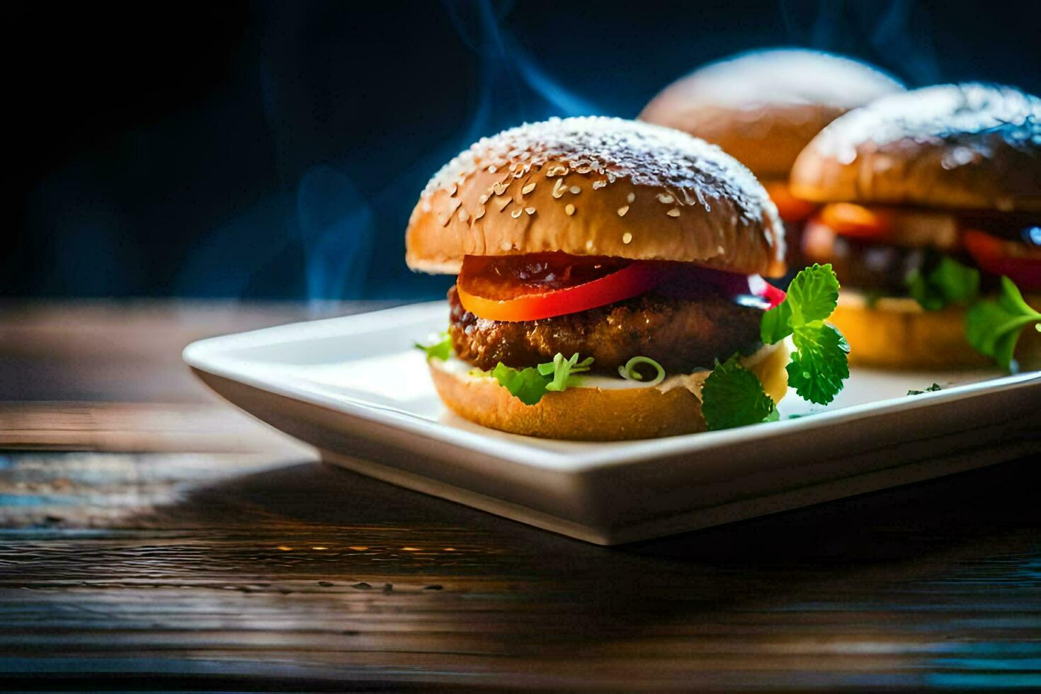 three hamburgers on a plate with smoke. AI-Generated photo