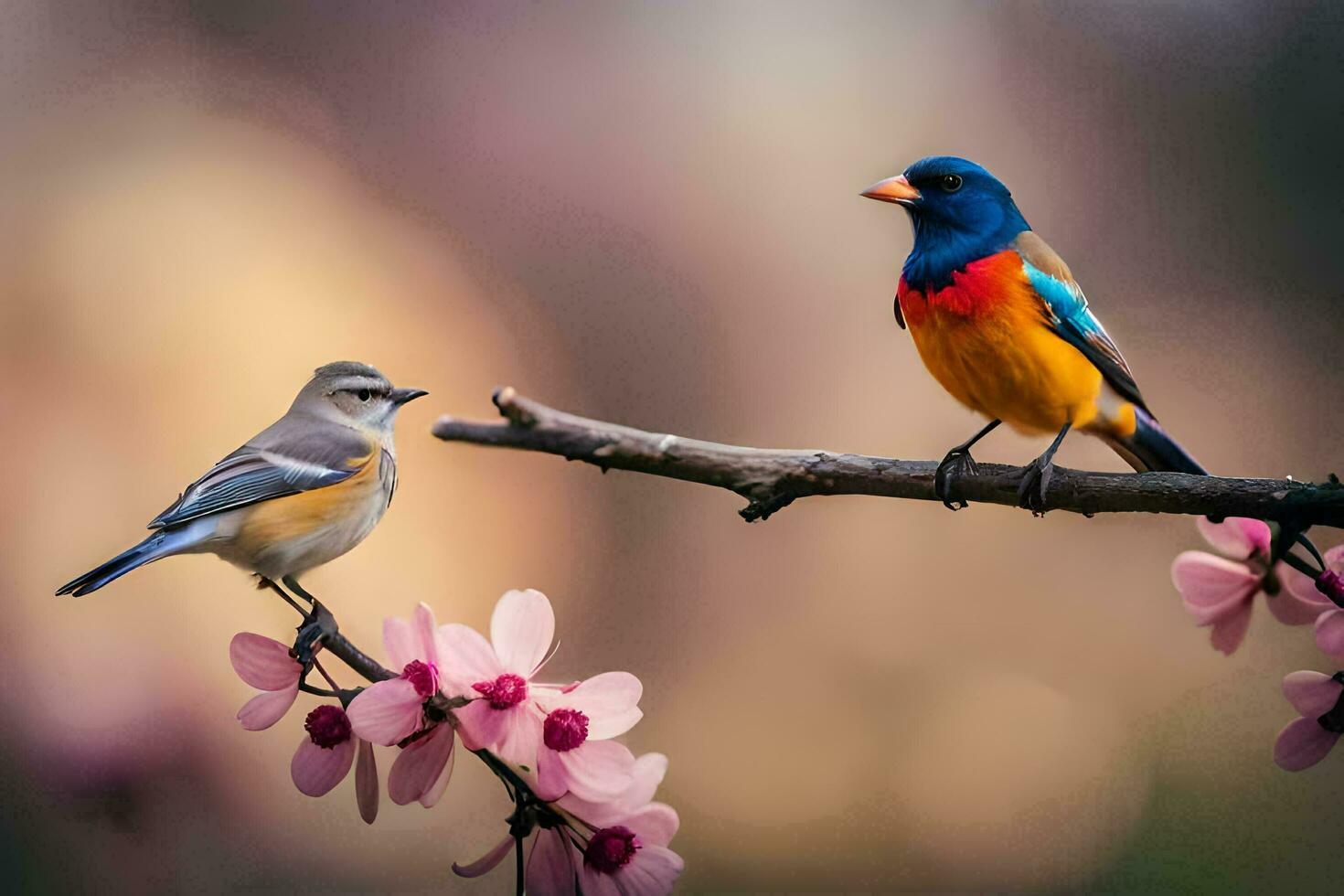 two colorful birds sitting on a branch with pink flowers. AI-Generated photo