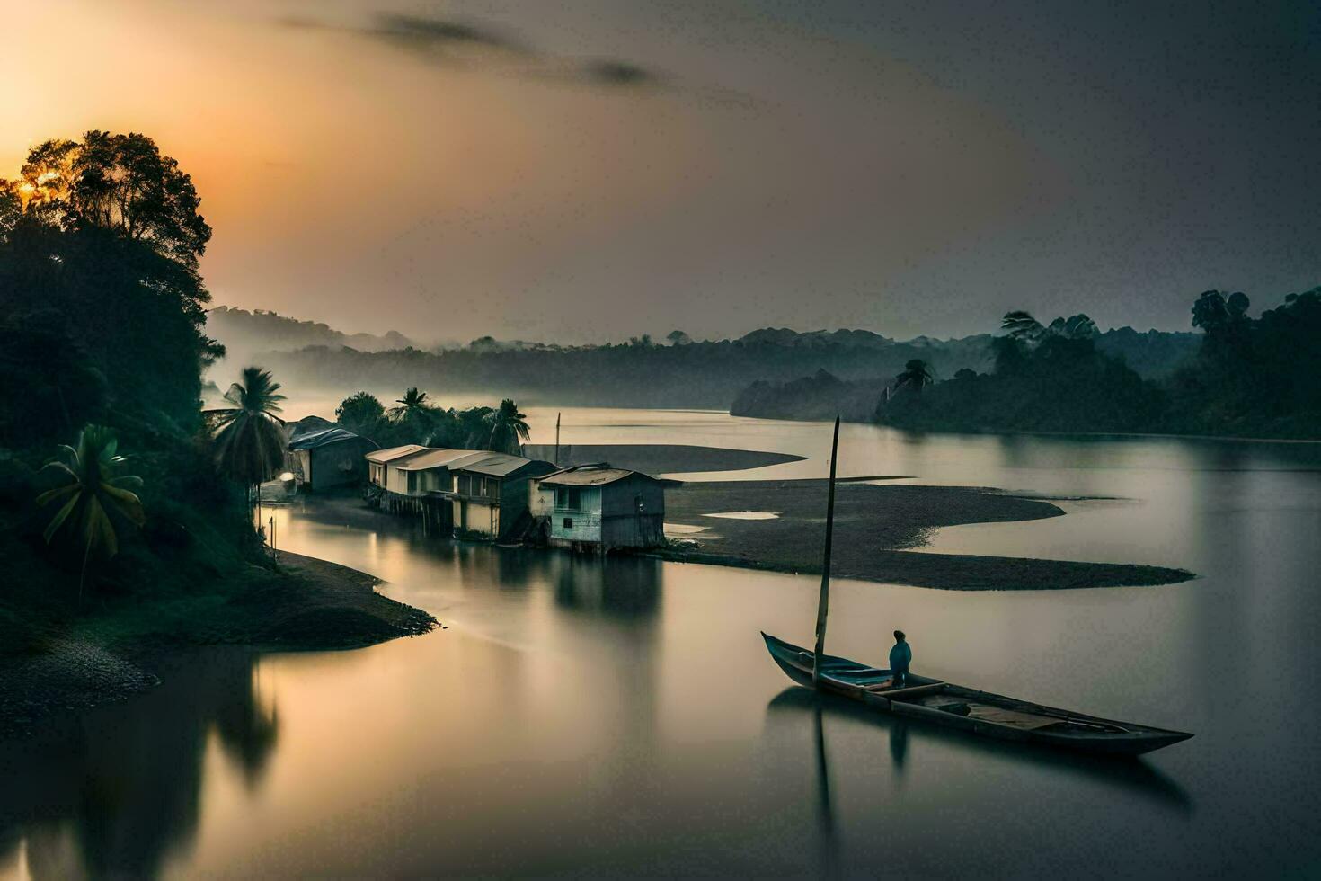 a boat is floating in the water at sunset. AI-Generated photo