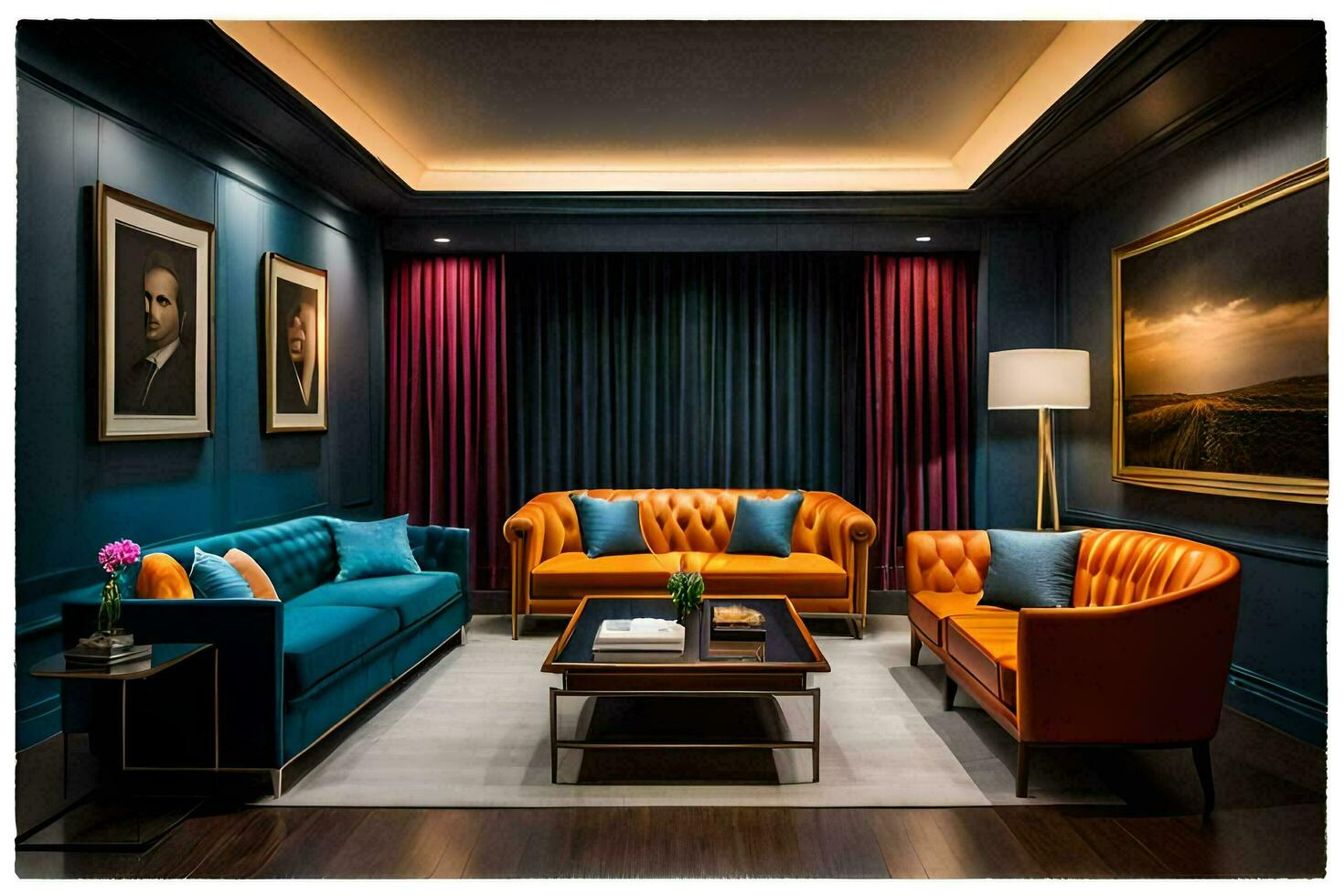 el vivo habitación es decorado en azul y naranja. generado por ai foto