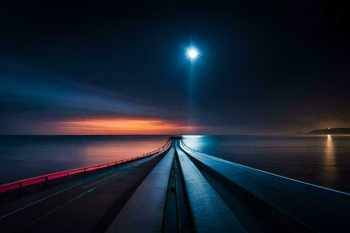 a long exposure photo of a pier at night. AI-Generated