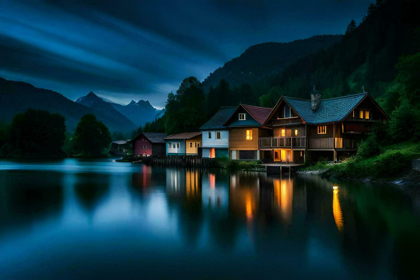 photo wallpaper the sky, mountains, lake, house, the night, the lake, the house. AI-Generated