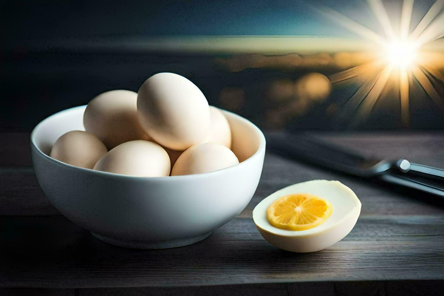 un cuenco de huevos y un cuchillo. generado por ai foto