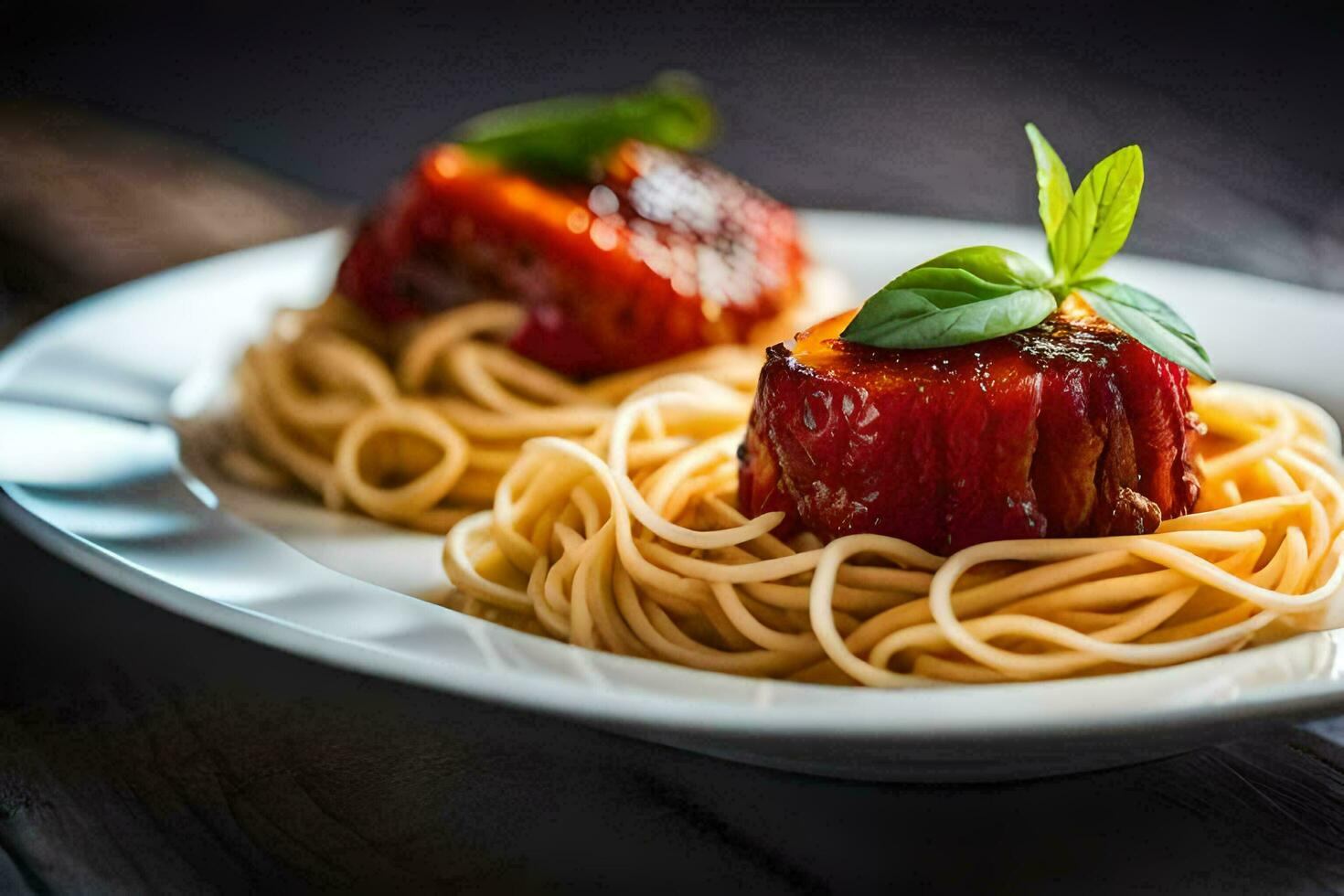 two pieces of meat on spaghetti with basil leaves. AI-Generated photo