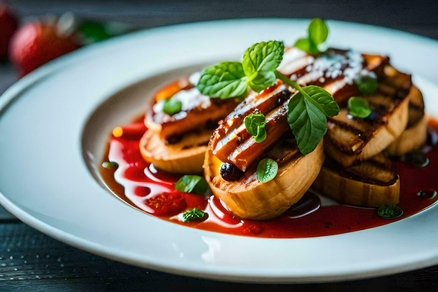 grilled vegetables with sauce and mint leaves on a plate. AI-Generated photo