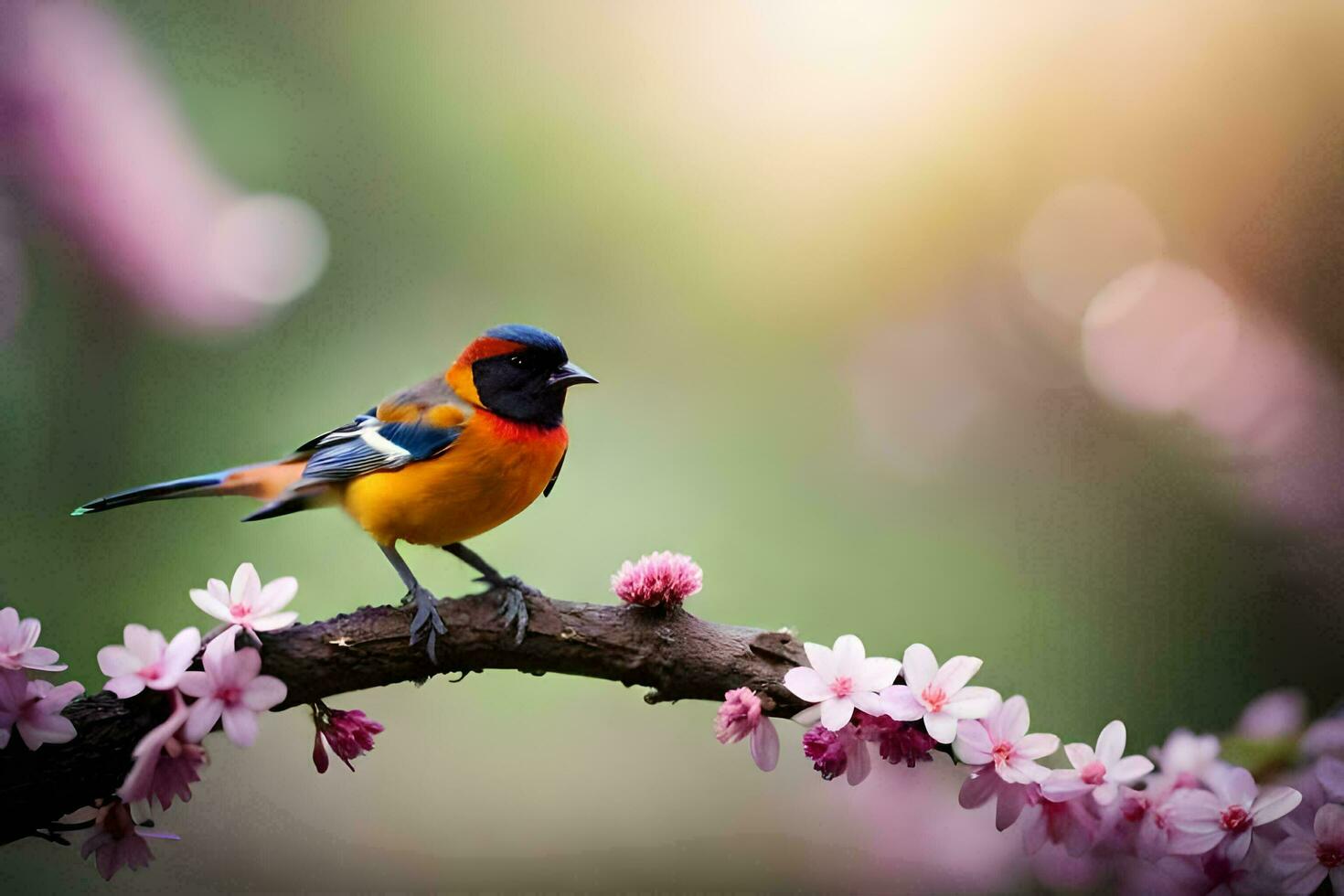 photo wallpaper the sky, bird, spring, flowers, the sun, bird, spring, the. AI-Generated