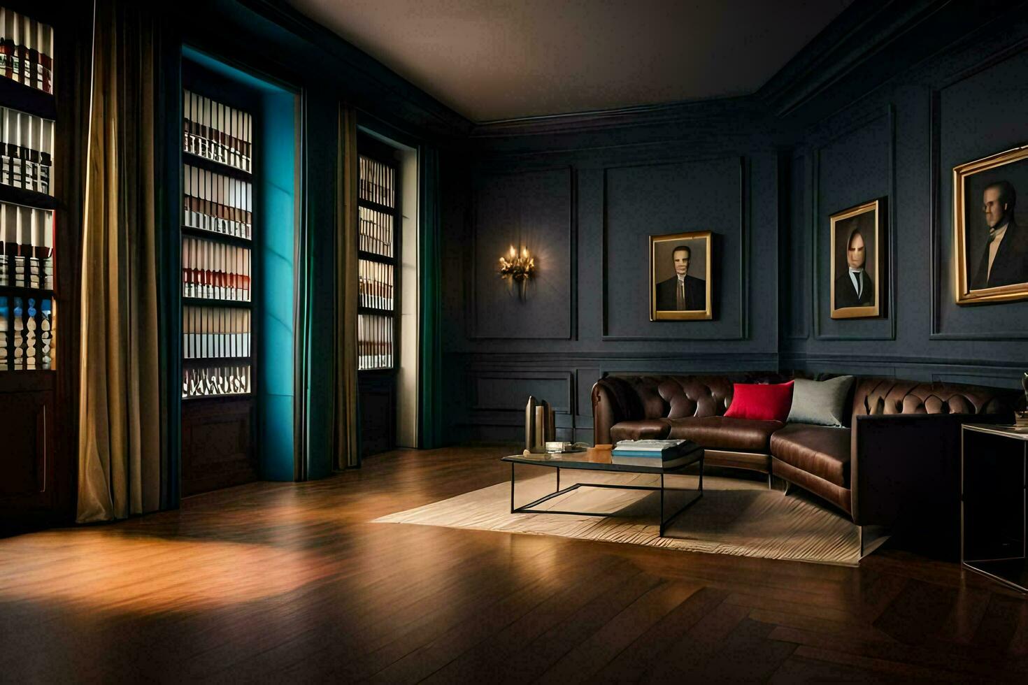 a room with dark blue walls and a leather couch. AI-Generated photo