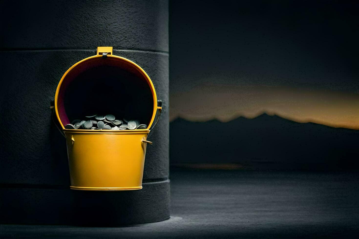a yellow bucket with coins on the side of a wall. AI-Generated photo