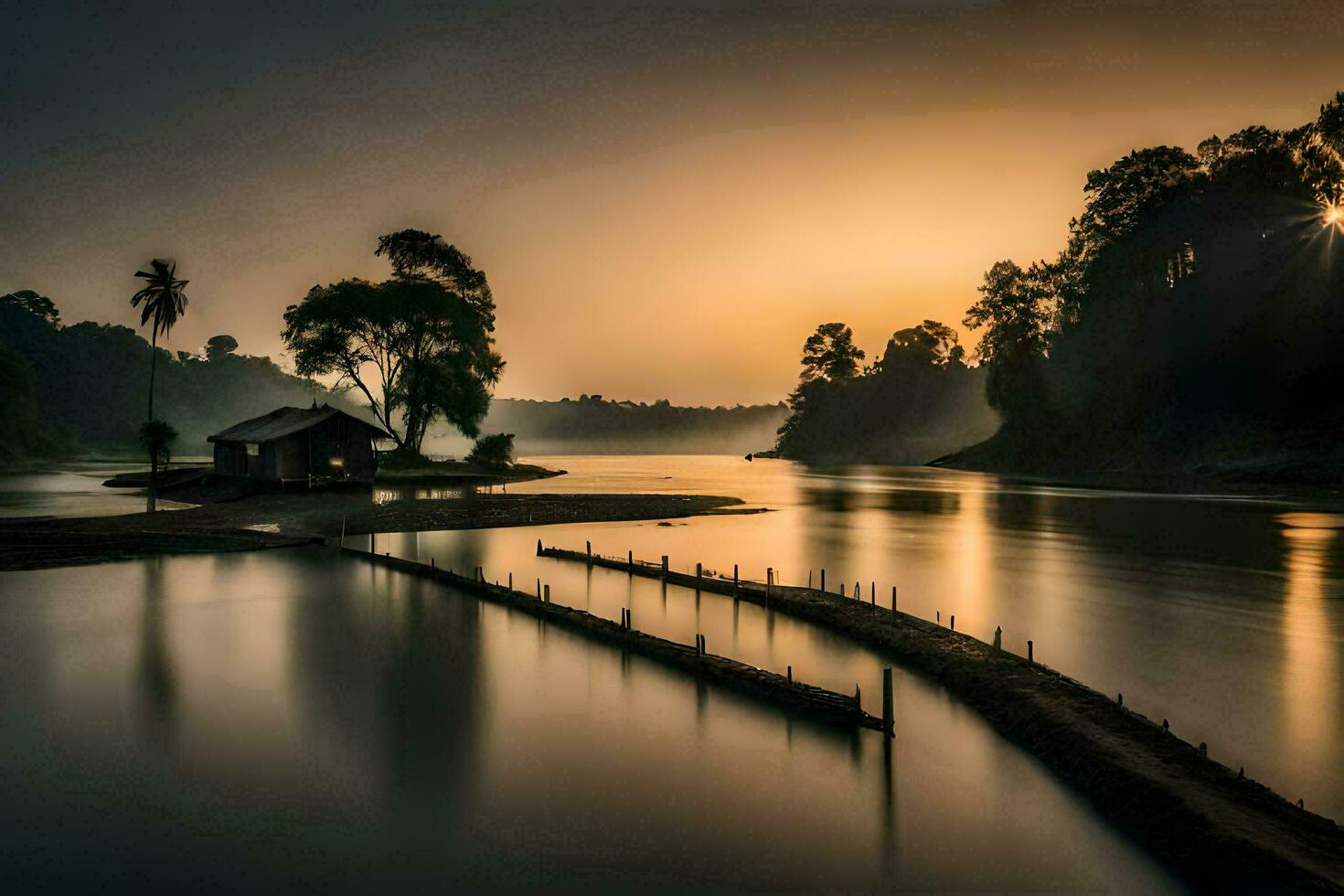 a house on the water at sunset. AI-Generated photo