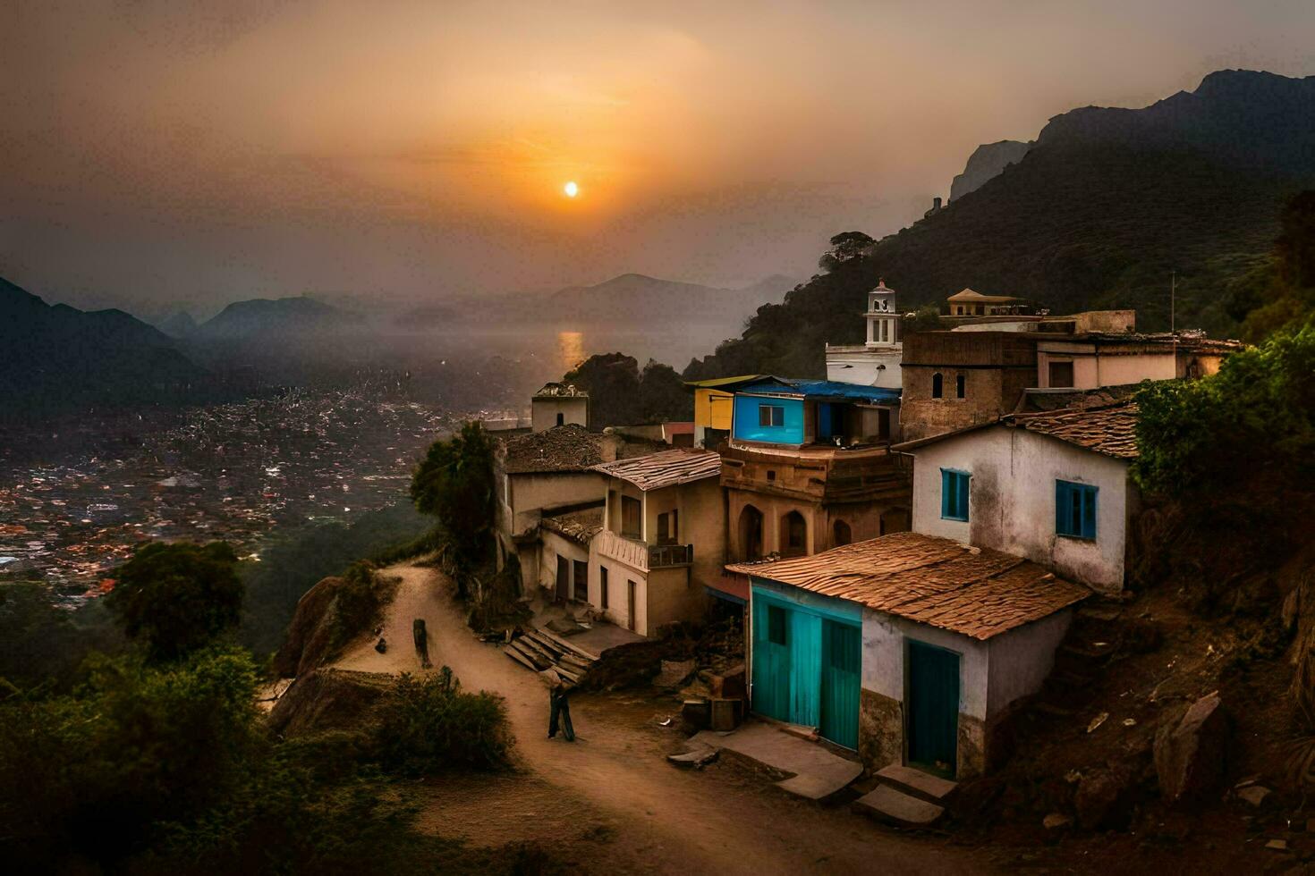 sunset over the village of kathmandu, nepal. AI-Generated photo
