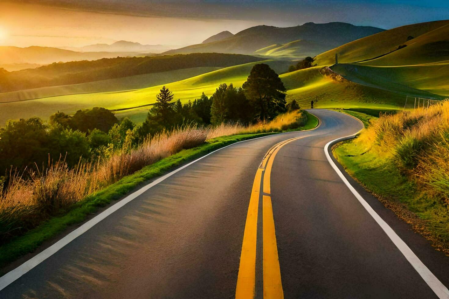 a scenic road winding through the hills at sunset. AI-Generated photo