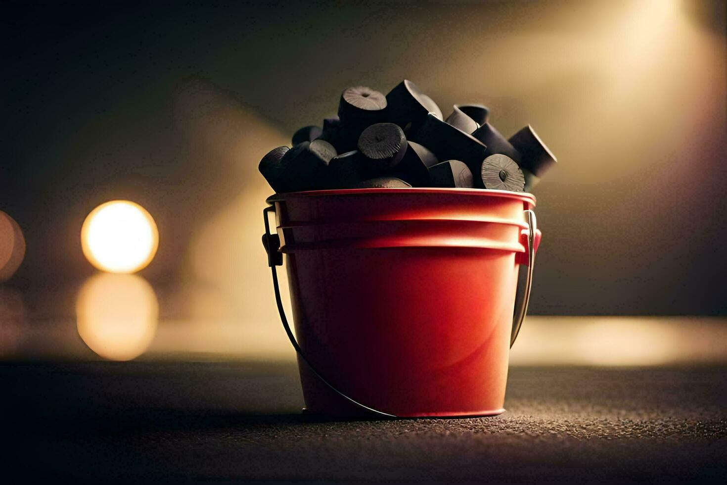 a bucket filled with black charcoal sticks. AI-Generated photo