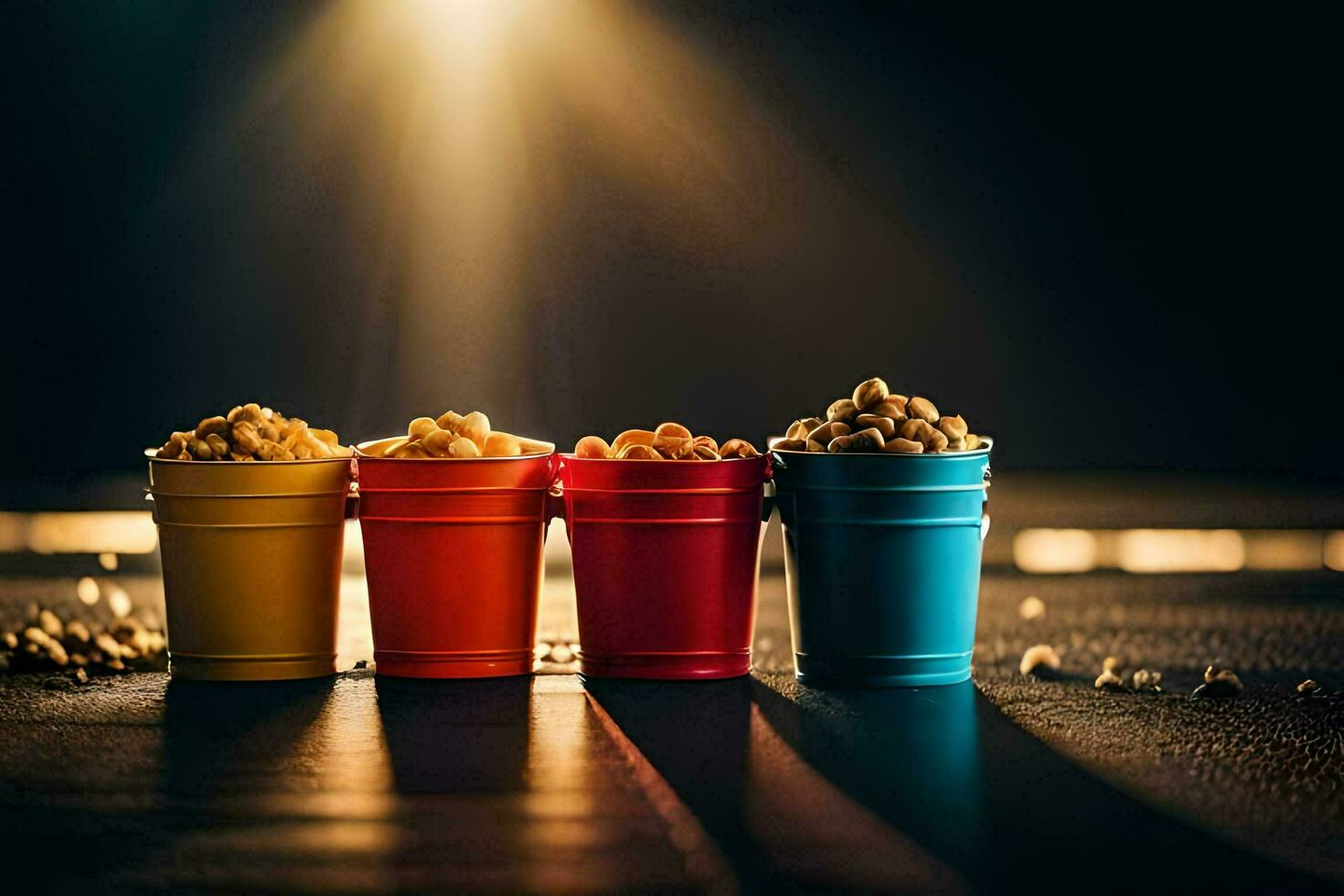 three colorful buckets with popcorn on a dark table. AI-Generated photo