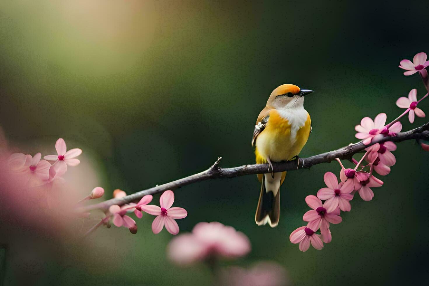 a bird sits on a branch with pink flowers. AI-Generated photo