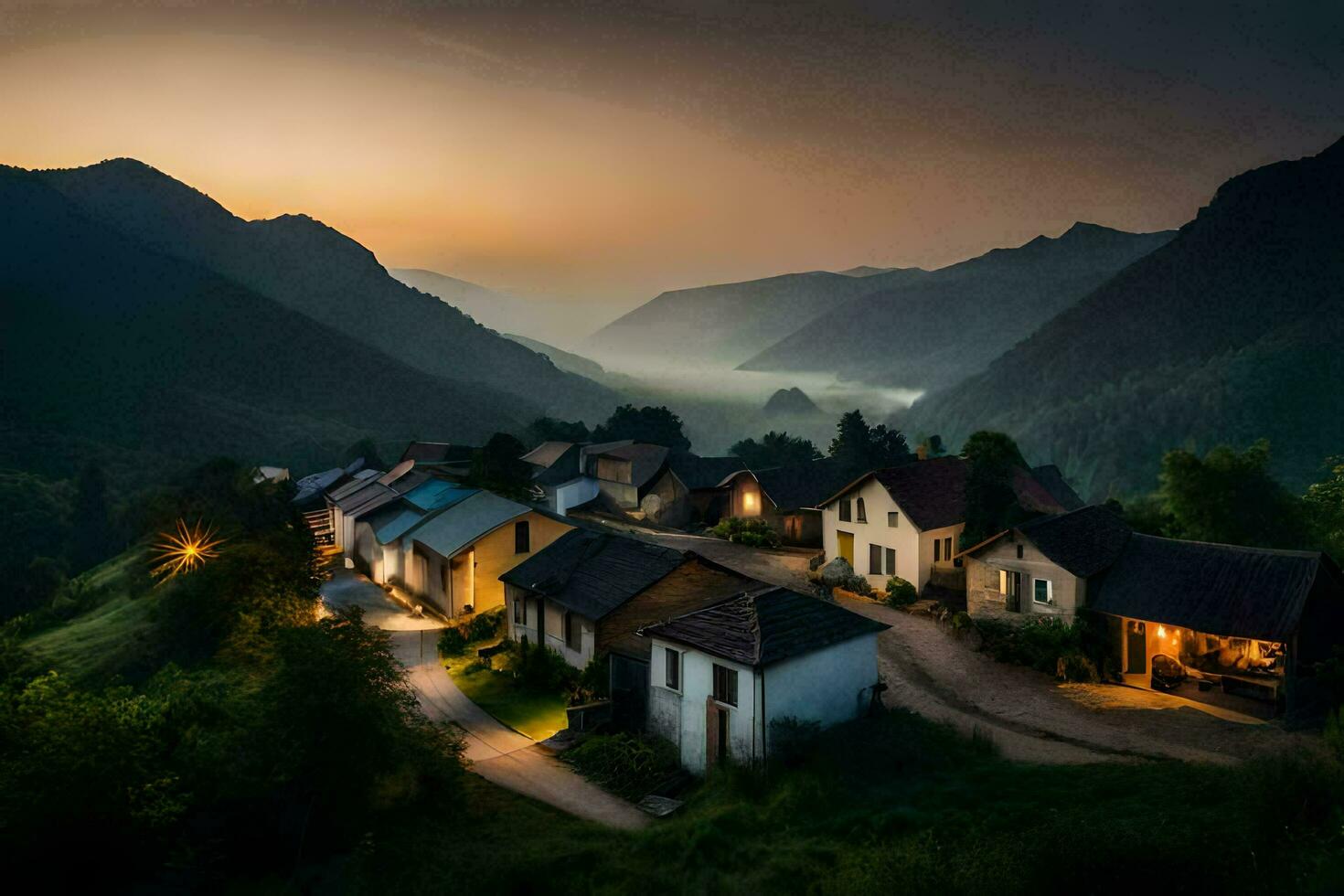 un pueblo en el montañas a puesta de sol. generado por ai foto