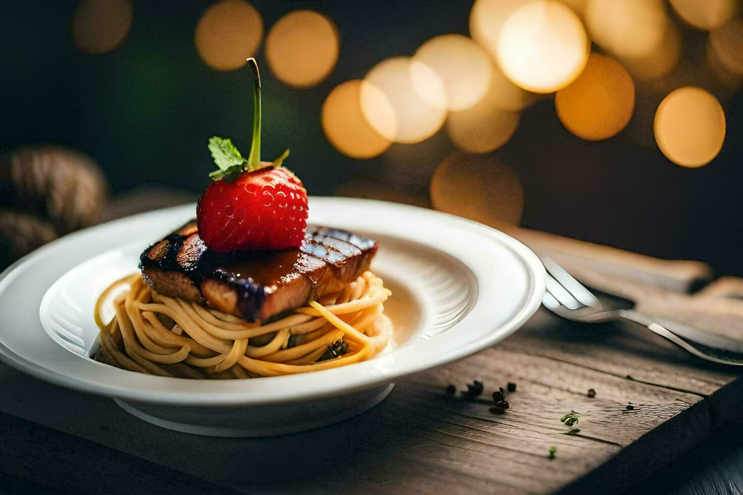 un plato de espaguetis con un fresa en cima. generado por ai foto