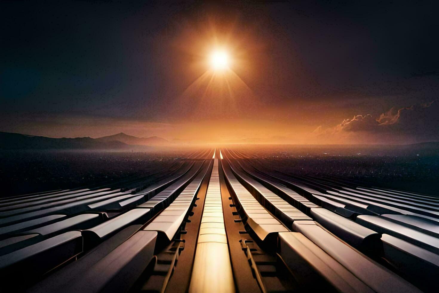 a train track with the sun shining over it. AI-Generated photo