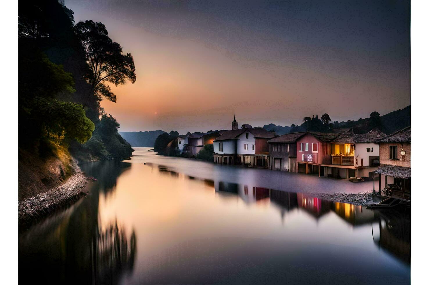 a river in the middle of a town at sunset. AI-Generated photo