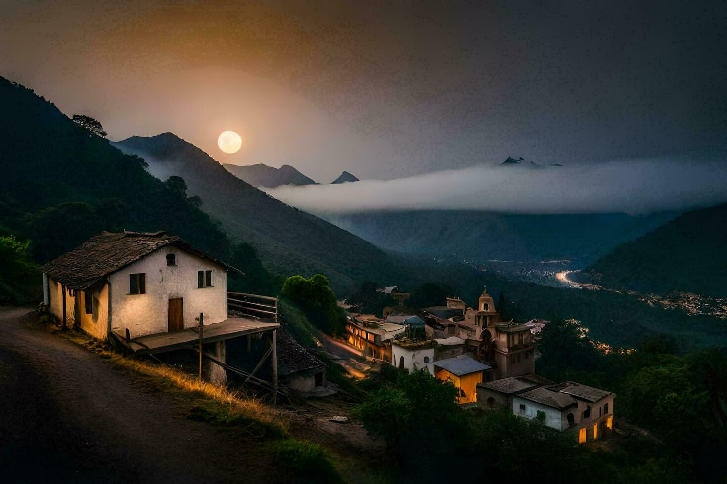 un pequeño pueblo en el montañas a noche. generado por ai foto