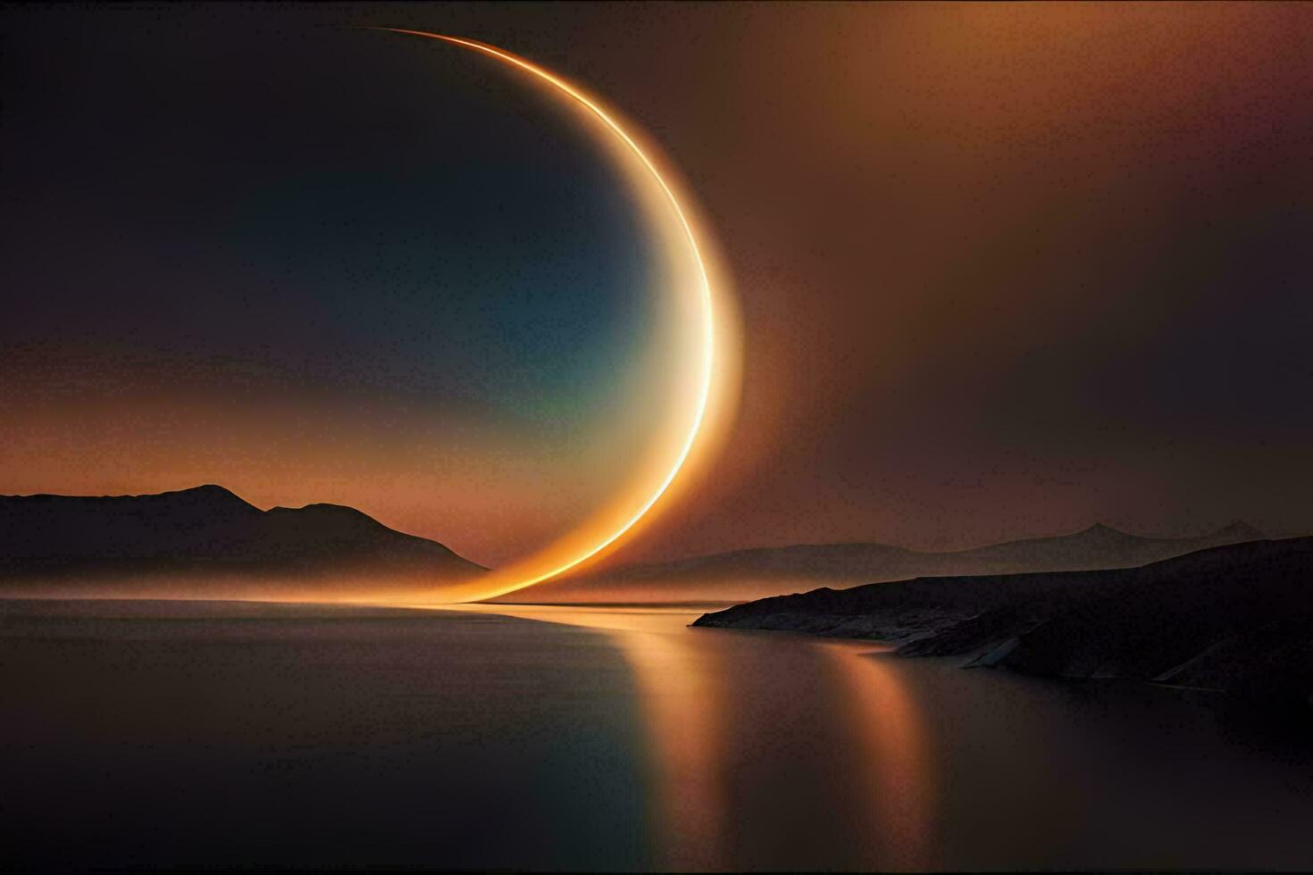 a crescent moon is seen in the sky over water. AI-Generated photo