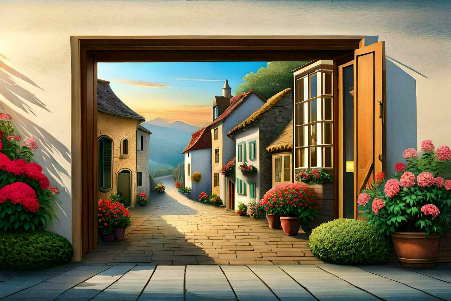 an open door leads to a street with flowers and potted plants. AI-Generated photo
